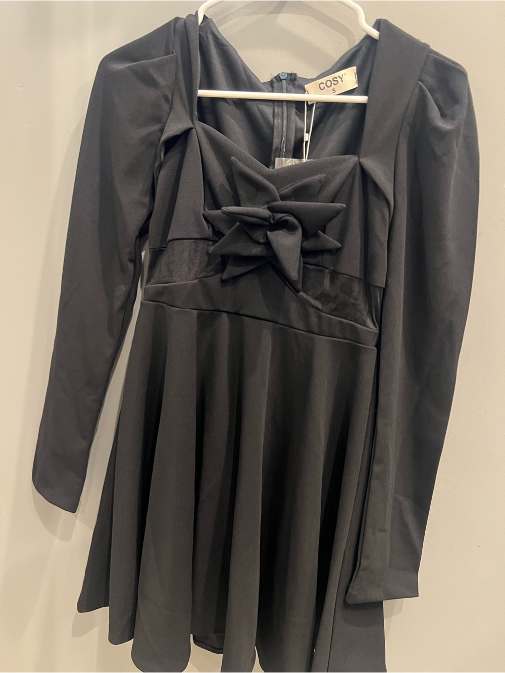 COS Black Long-Sleeve Bow Front Dress with see through mesh panel